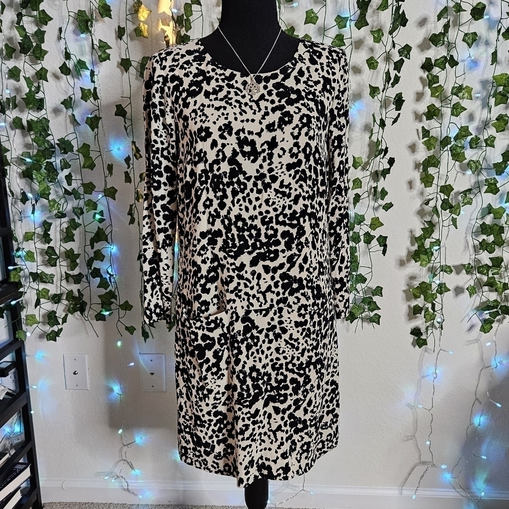 J. Crew Snow Leopard Print Crewneck 3/4 Sleeve Front Pocket Sheath Dress